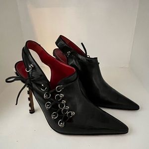 Manolo Blahnik zebra heel with silver hoops and leather laces